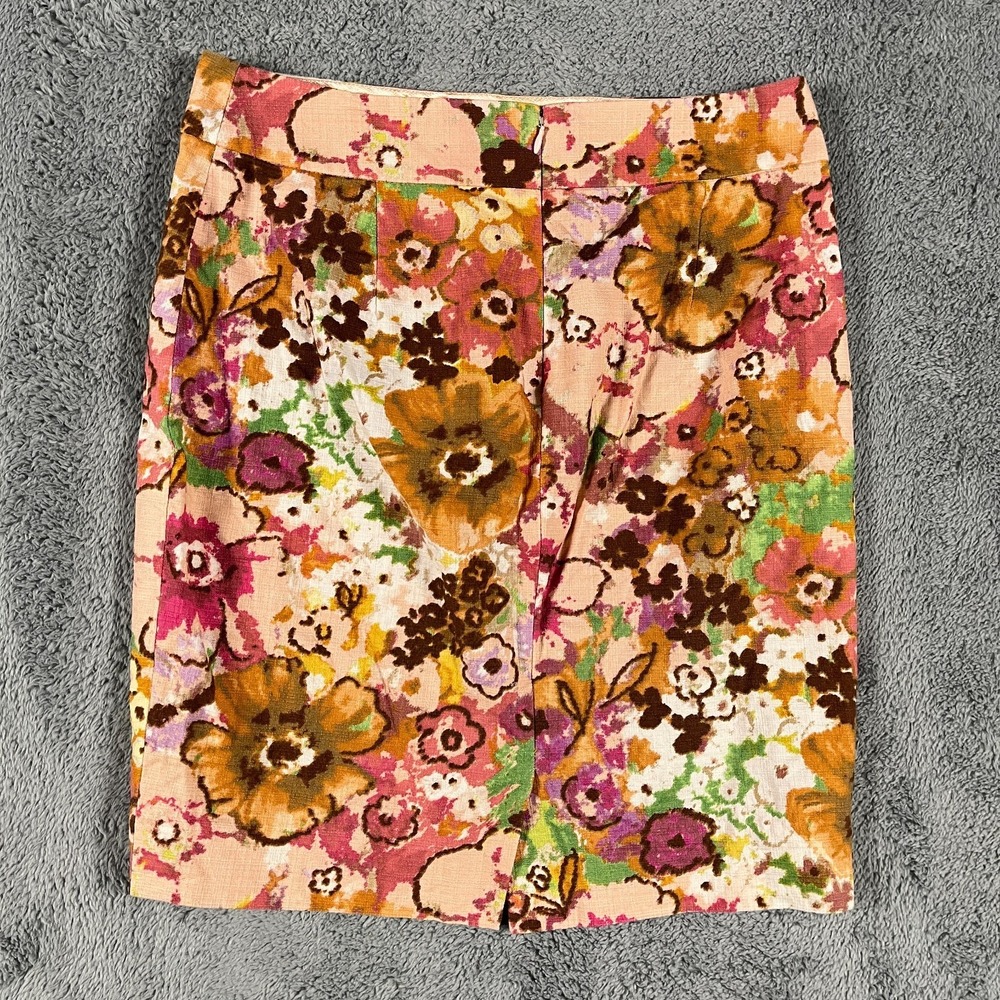 J.Crew Mini Pencil Skirt Womens 6 Pink Brown Floral Lined Stretch Retro Back Zip - Picture 2 of 7